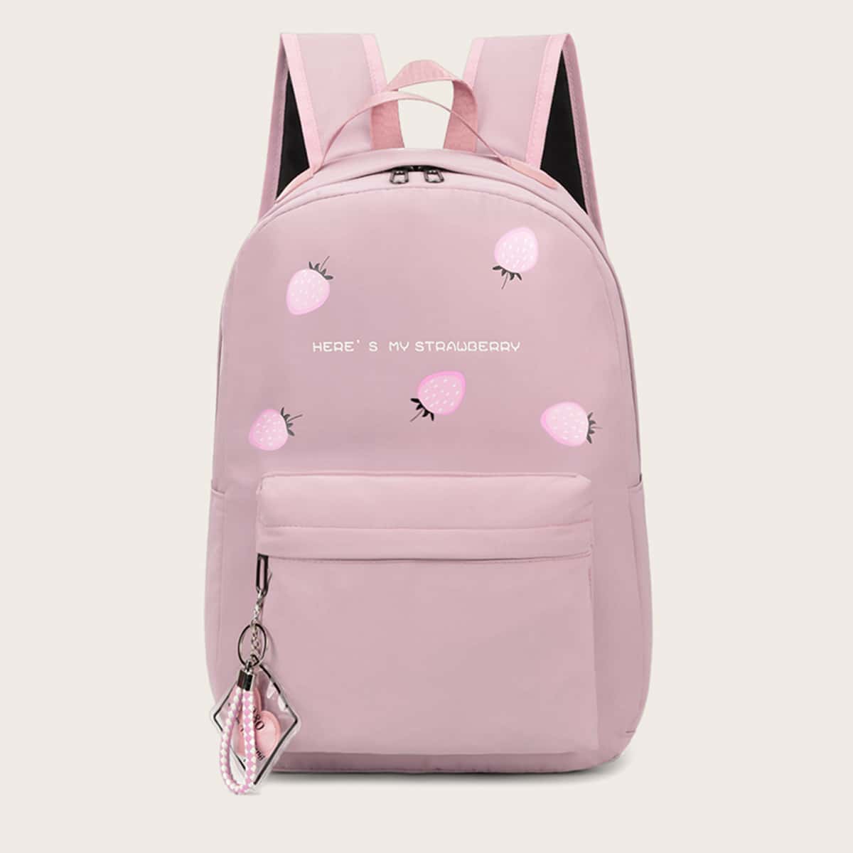 

Strawberry Print Pocket Front Backpack, Pink