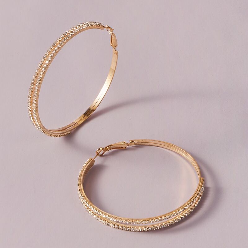 

Rhinestone Engraved Hoop Earrings, Gold