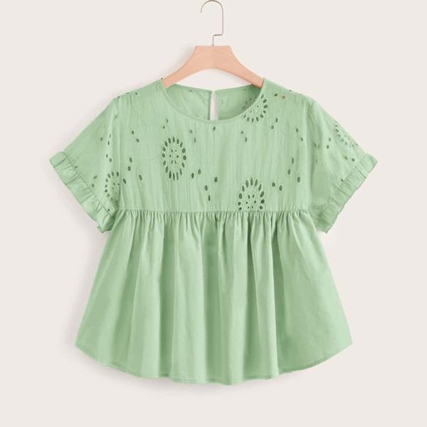 

Plus Eyelet Embroidered Babydoll Blouse, Green