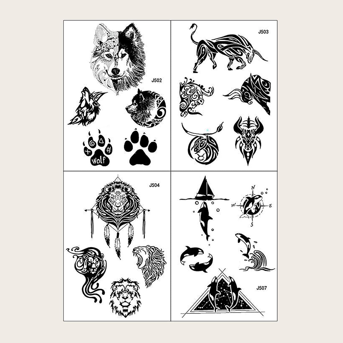 

4pcs Wolf & Lion Pattern Tattoo Sticker, Black