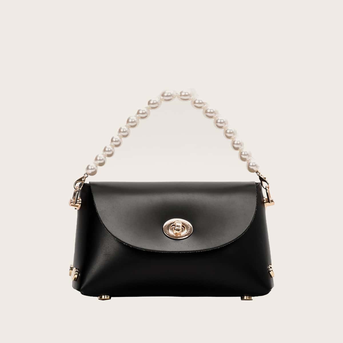

Faux Pearl Handle Satchel Bag, Black