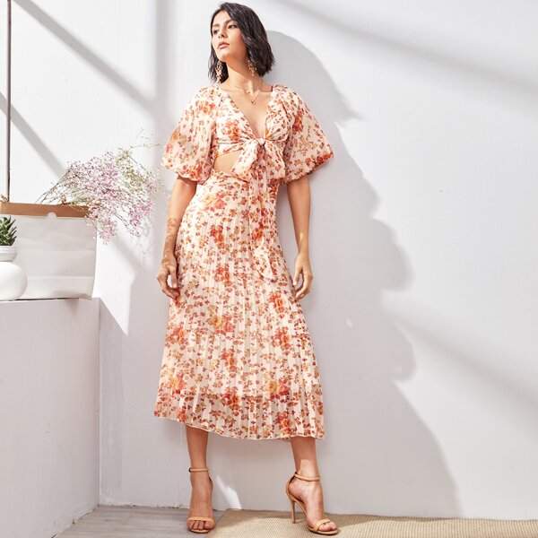 

Floral Print Tie Front Pleated Hem Dress, Multicolor