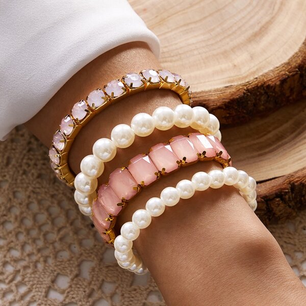 

4pcs Faux Pearl & Gemstone Beaded Bracelet, Multicolor