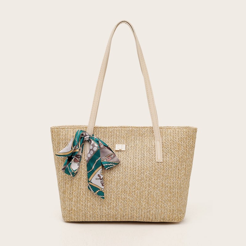 

Twilly Scarf Decor Woven Tote Bag, Beige