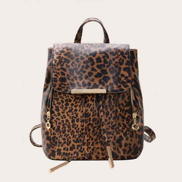 

Leopard Print Flap Backpack, Brown