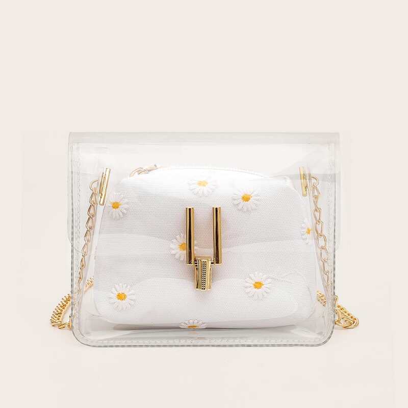 

Clear Chain Bag With Daisy Embroidered Pouch, White