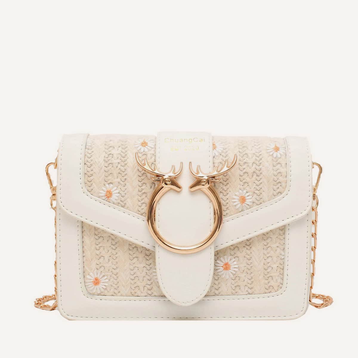 

Daisy Embroidered Flap Chain Bag, Beige