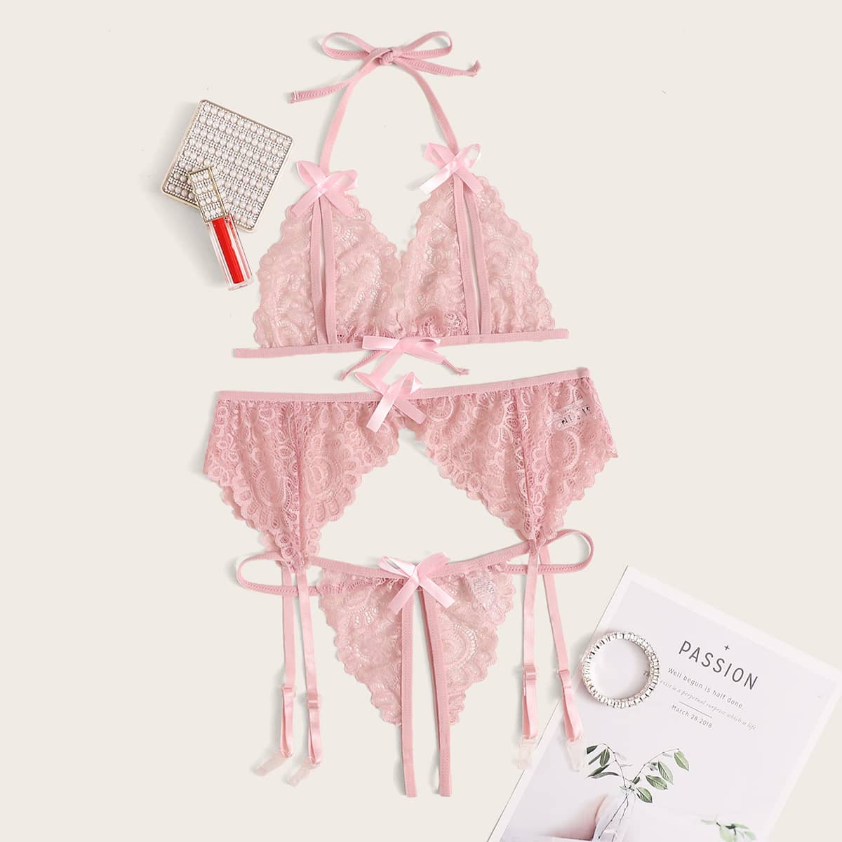 

Floral Lace Crotchless Garter Lingerie Set, Pink