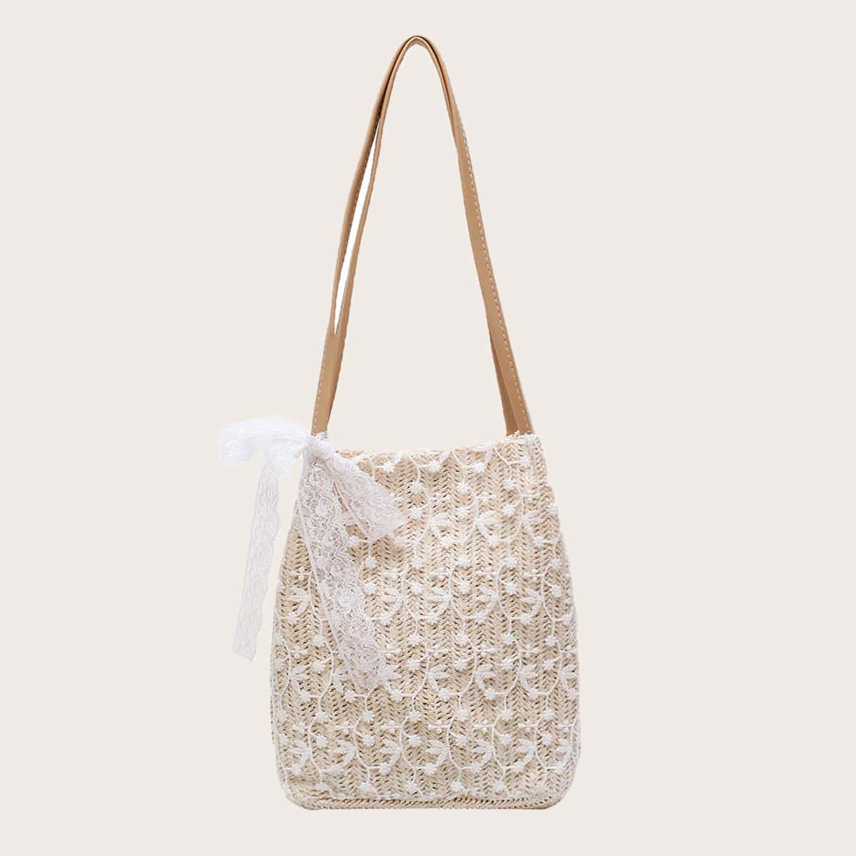 

Floral Embroidered Lace Overlay Tote Bag, Beige