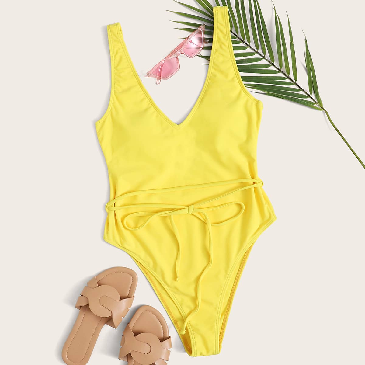 

Tie Front High Leg One Piece Swimsuit, Yellow