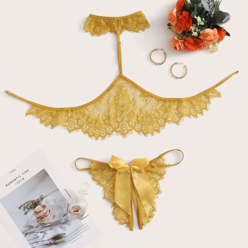 

Floral Lace Crotchless Lingerie Set With Choker, Yellow