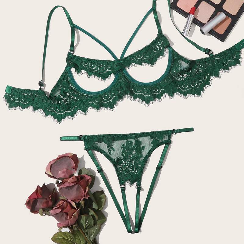 

Eyelash Lace Underwire Lingerie Set, Green