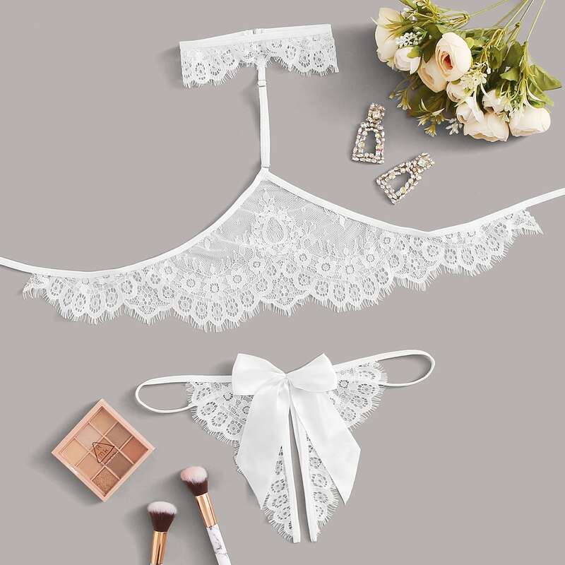 

Floral Lace Crotchless Lingerie Set With Choker, White