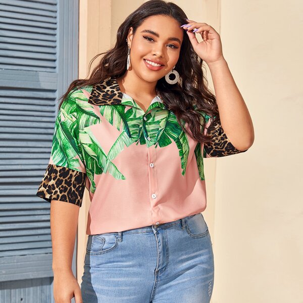 

Plus Button Front Tropical & Leopard Blouse, Pink