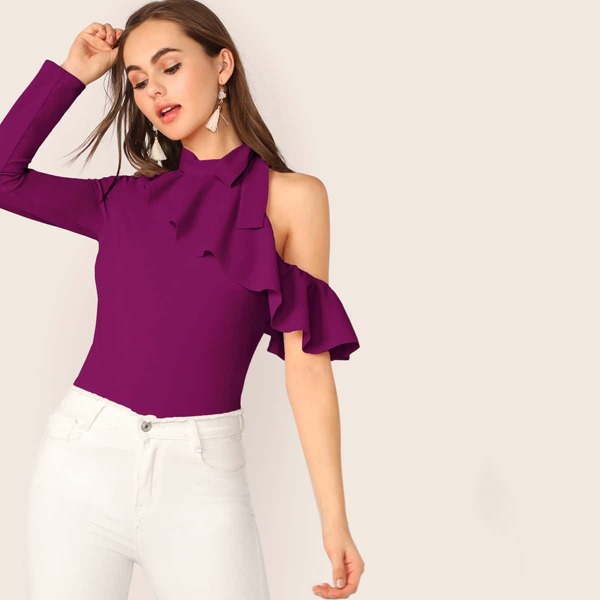 

Cut Out Shoulder Knotted Ruffle Top, Purple