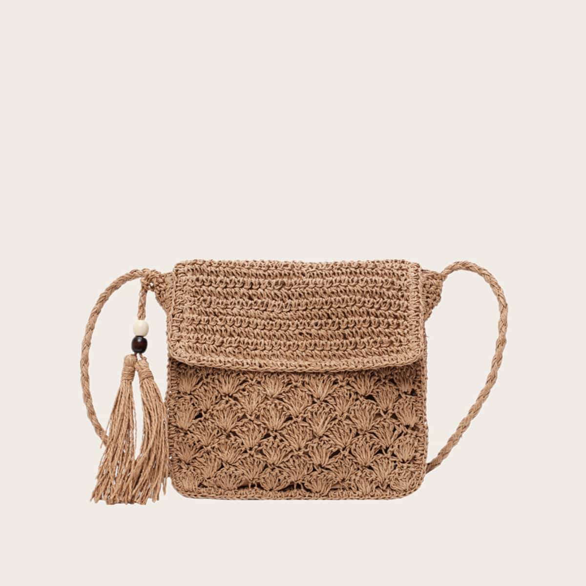 

Tassel Charm Woven Crossbody Bag, Khaki