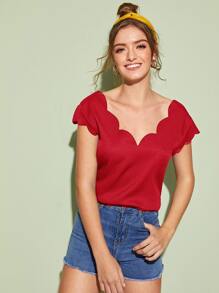 SHEIN Clasi Solid V-neck Scallop Top - Red - View 3
