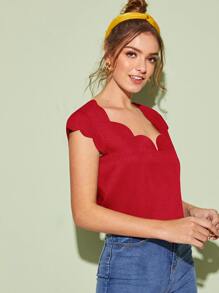 SHEIN Clasi Solid V-neck Scallop Top - Red - View 4