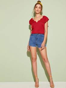 SHEIN Clasi Solid V-neck Scallop Top - Red - View 5
