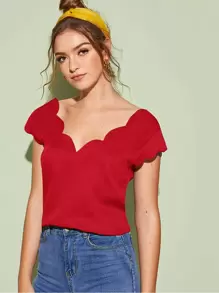 SHEIN Clasi Solid V-neck Scallop Top - Red - View 1