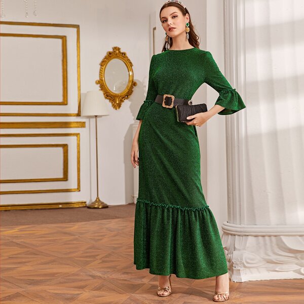 

Ruffle Trim Glitter Dress Without Belt, Green