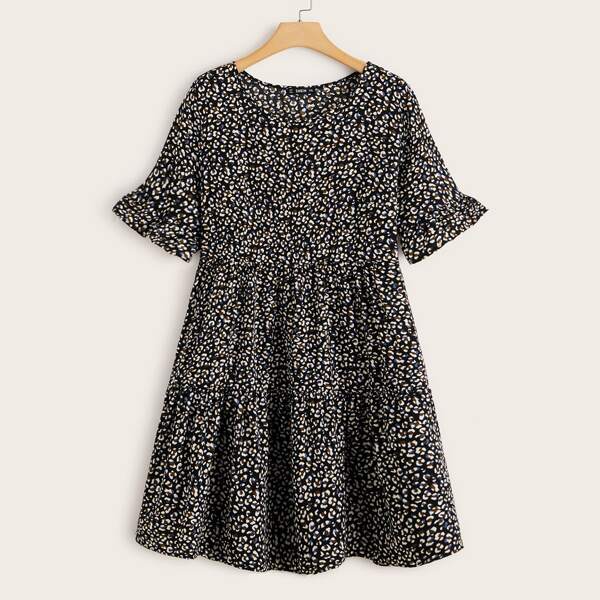 

Plus Leopard Print Flounce Sleeve Smock Dress, Multicolor