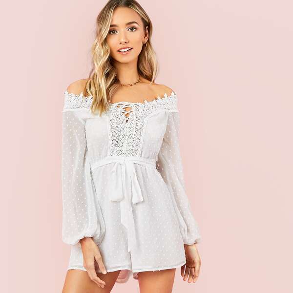 

Off Shoulder Guipure Lace Trim Belted Swiss Dot Romper, White