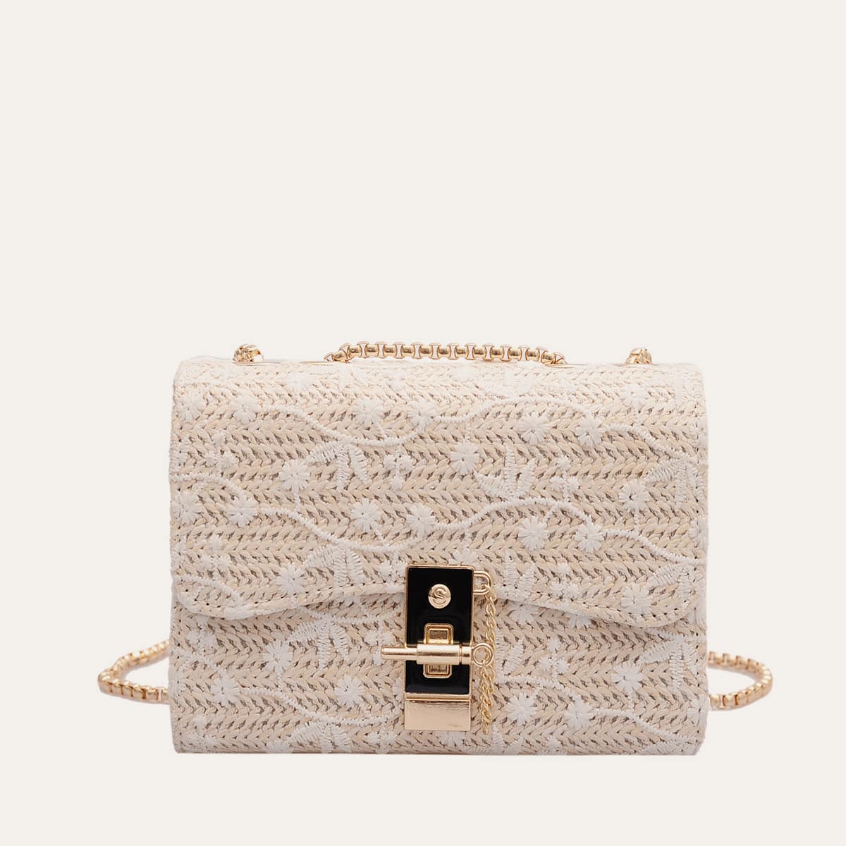 

Floral Embroidered Woven Chain Bag, Beige