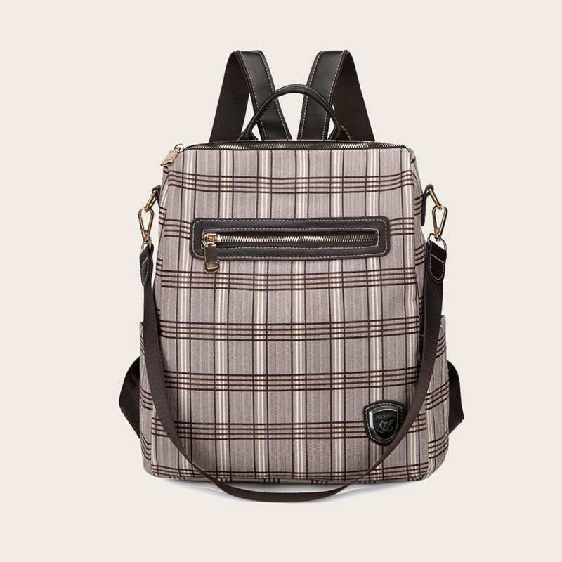 

Zip Front Plaid Backpack, Brown