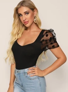 SHEIN Privé Sweetheart Neck Dobby Mesh Sleeve Top - Black - View 4