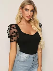 SHEIN Privé Sweetheart Neck Dobby Mesh Sleeve Top - Black - View 1