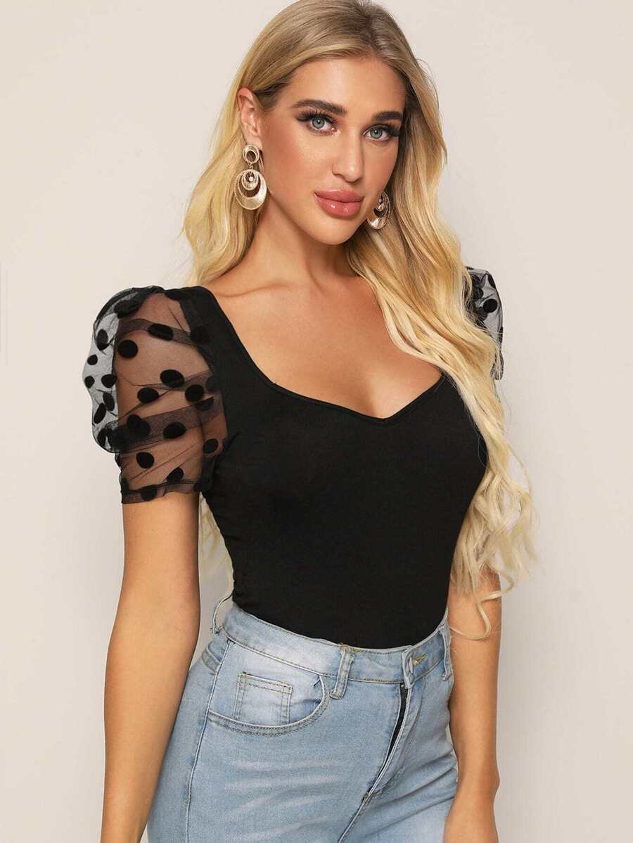 SHEIN Privé Sweetheart Neck Dobby Mesh Sleeve Top - Black - View 1
