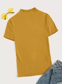 SHEIN Privé Mock Neck Rib-knit Fitted Tee - Yellow - View 1