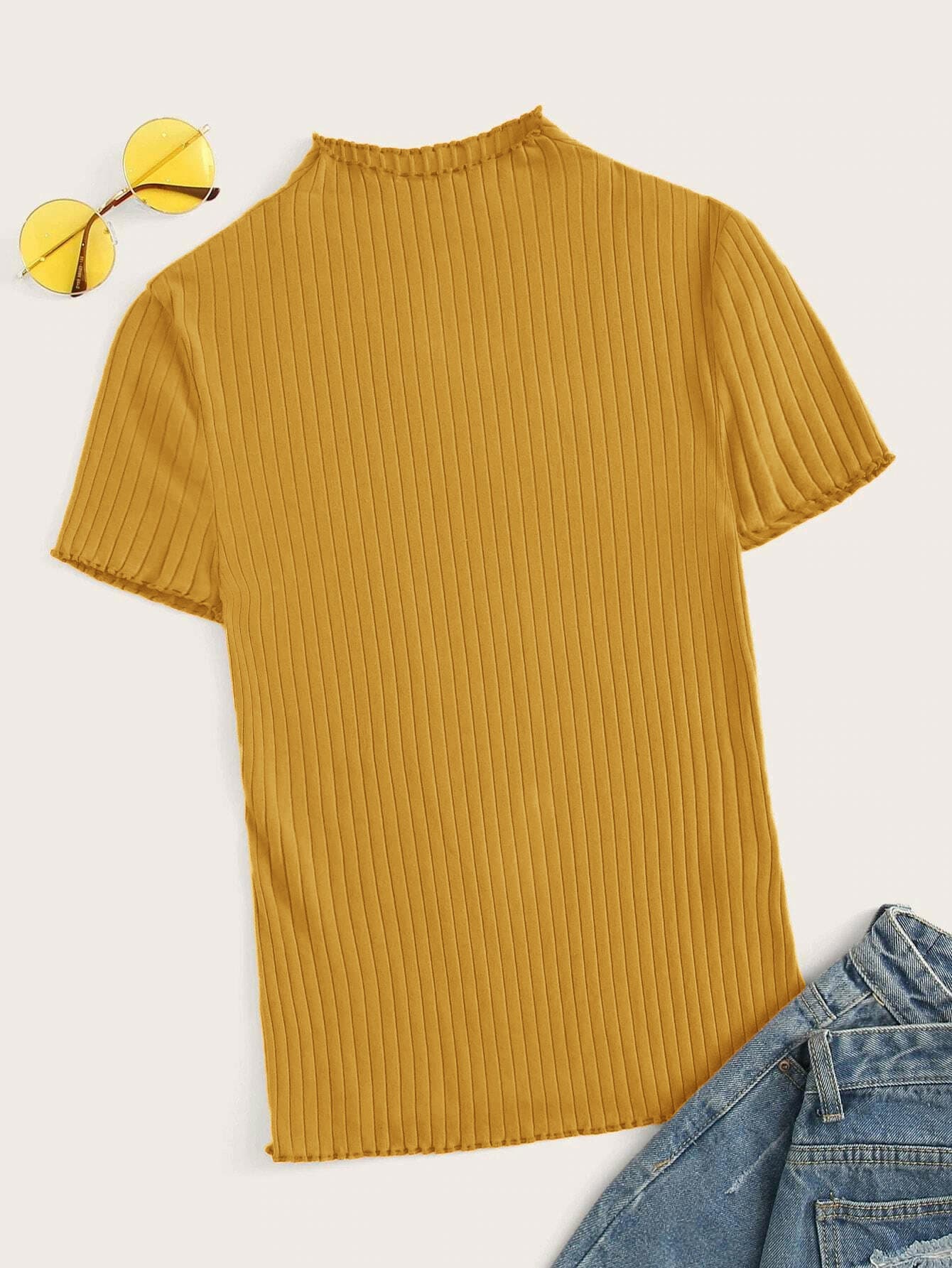 SHEIN Privé Mock Neck Rib-knit Fitted Tee - Yellow - View 1