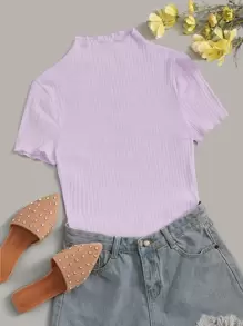 SHEIN Privé Mock Neck Rib-knit Fitted Tee - Purple - View 1