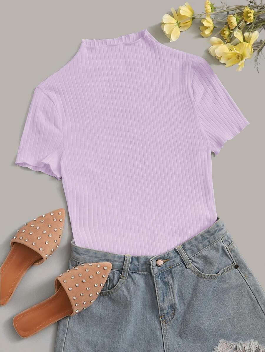SHEIN Privé Mock Neck Rib-knit Fitted Tee - Purple - View 1