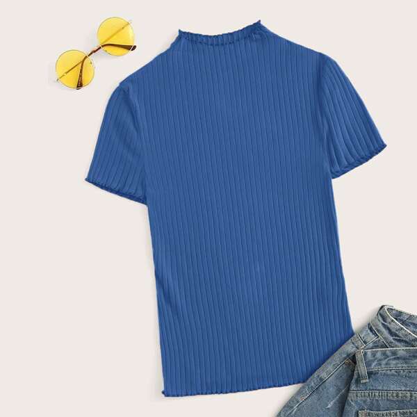 

Lettuce Trim Rib-knit Fitted Tee, Blue
