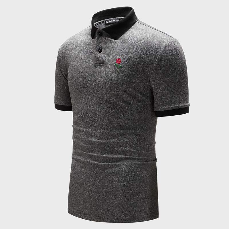 

Guys Contrast Collar and Cuff Embroidered Rose Marled Polo Shirt, Grey
