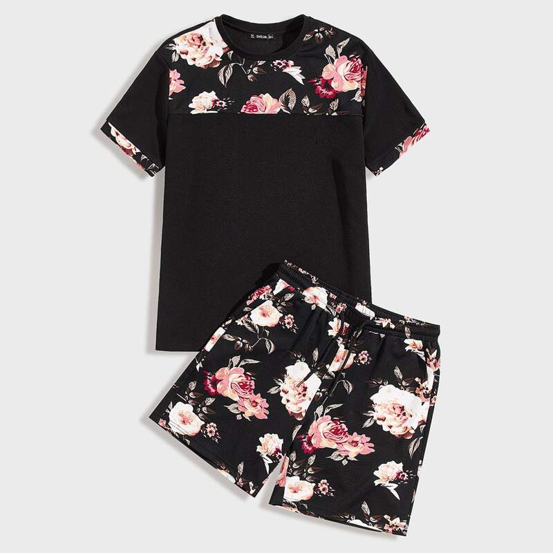 

Guys Floral Print Top & Drawstring Waist Shorts Set, Black