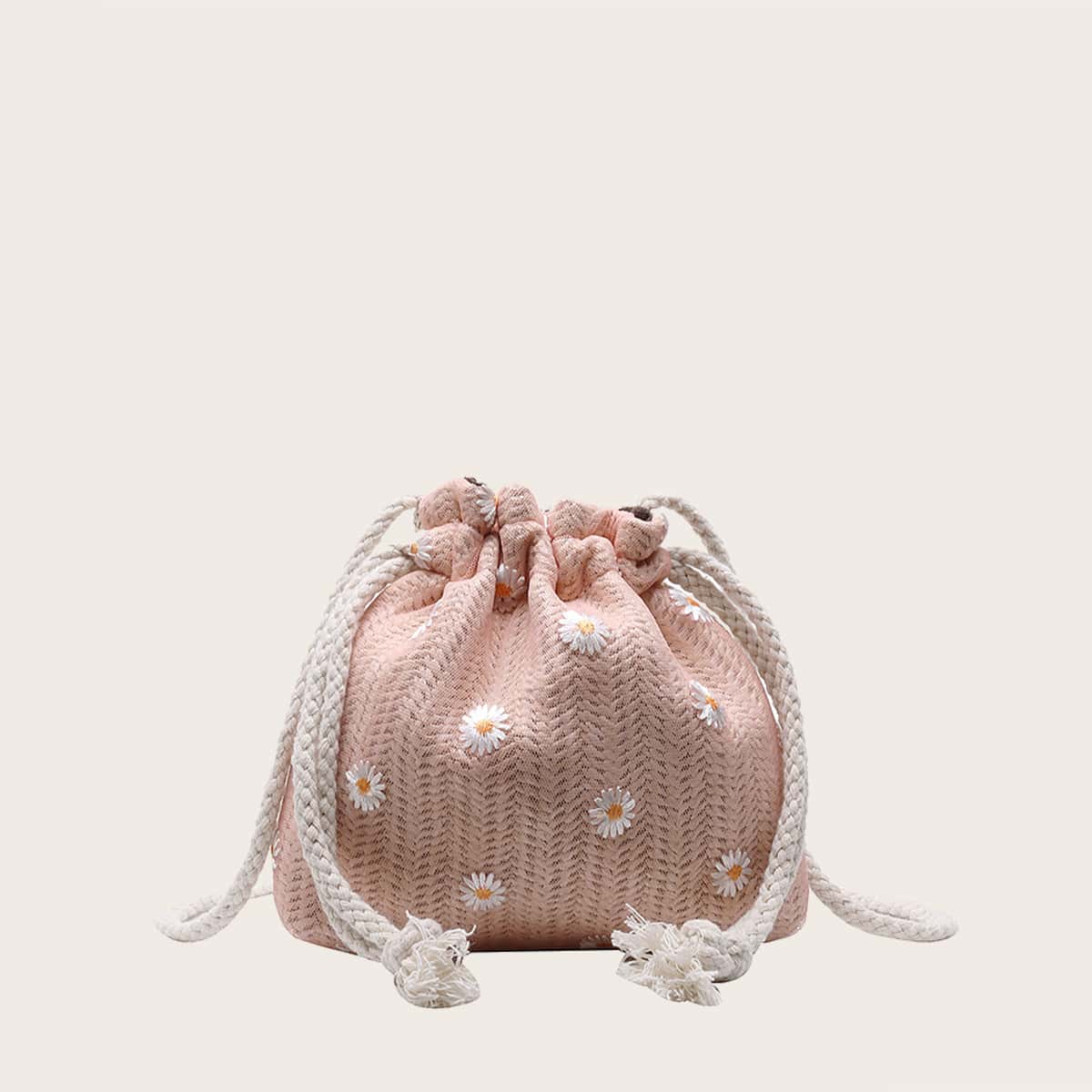 

Daisy Embroidered Drawstring Crossbody Bag, Pink