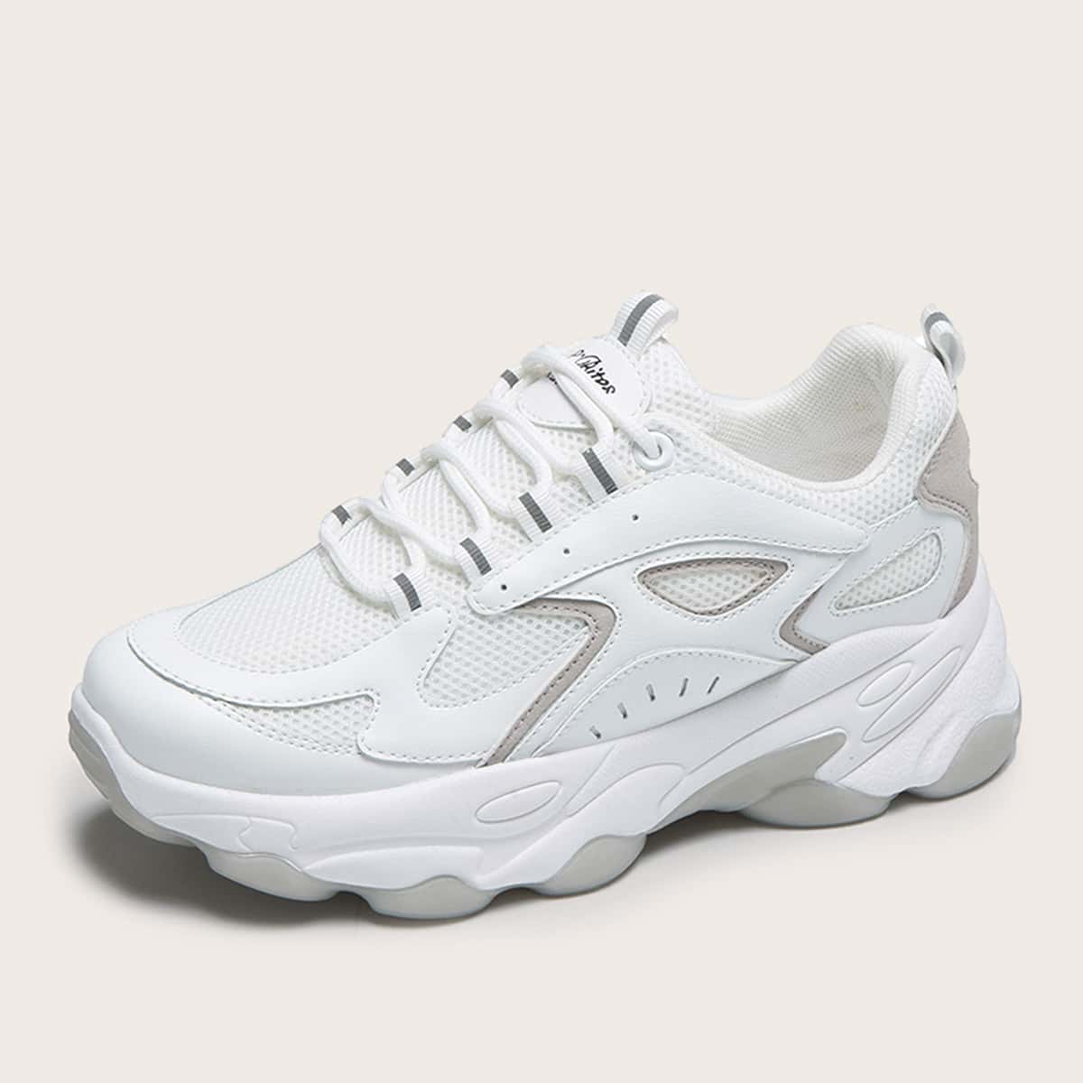 

Lace-up Front Mesh Panel Chunky Sneakers, White