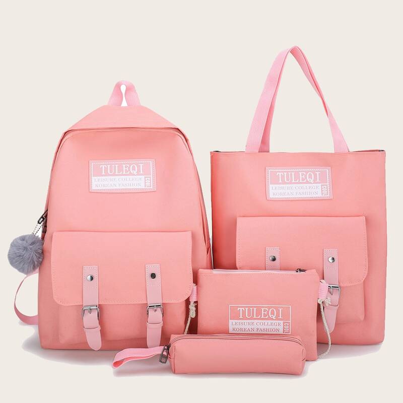 

4pcs Letter Graphic Backpack With Pencil Case, Pink