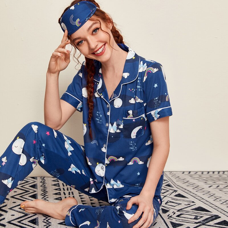 

Cartoon Cartoon And Letter Graphic Eye Cover Pajama Set, Navy blue