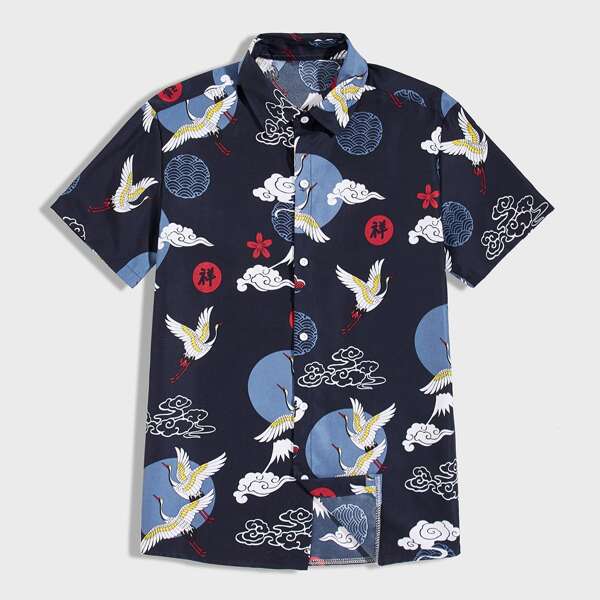 

Men Crane And Graphic Print Button Up Shirt, Multicolor