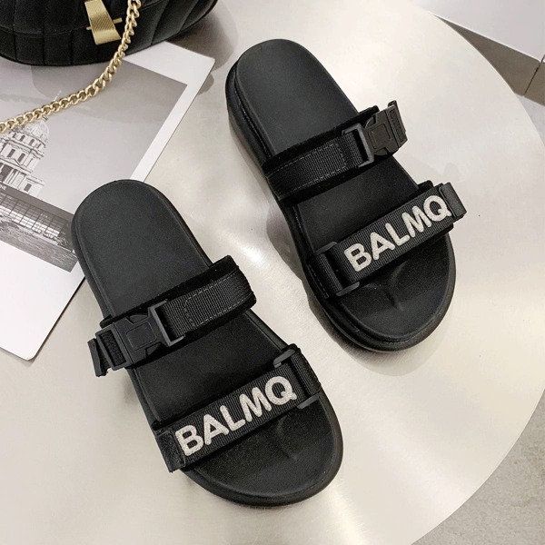 

Glitter Letter Decor Double Strap Sliders, Black