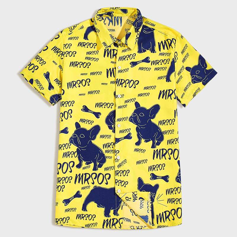 

Guys Pug And Letter Graphic Button Up Shirt, Yellow