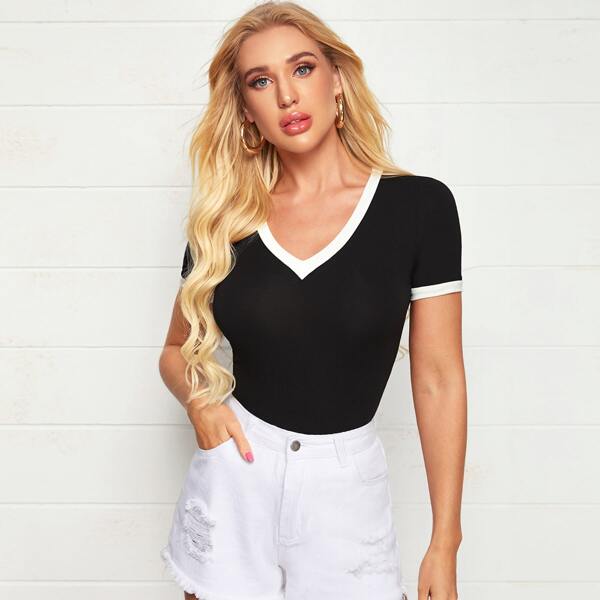 

V-neck Fitted Ringer Tee, Black