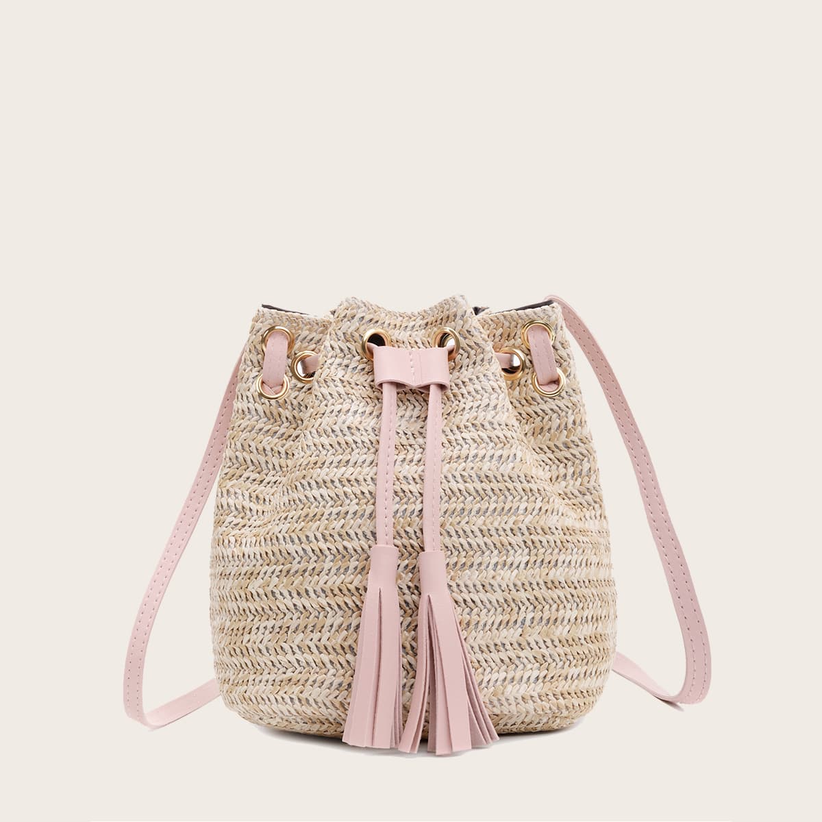 

Woven Drawstring Crossbody Bag, Beige
