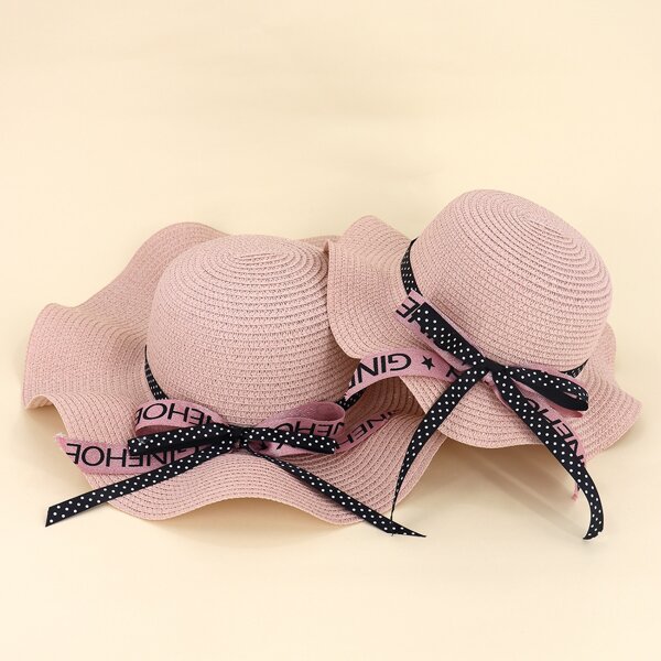

Parent-girls Bow Knot Decor Straw Hat, Pink