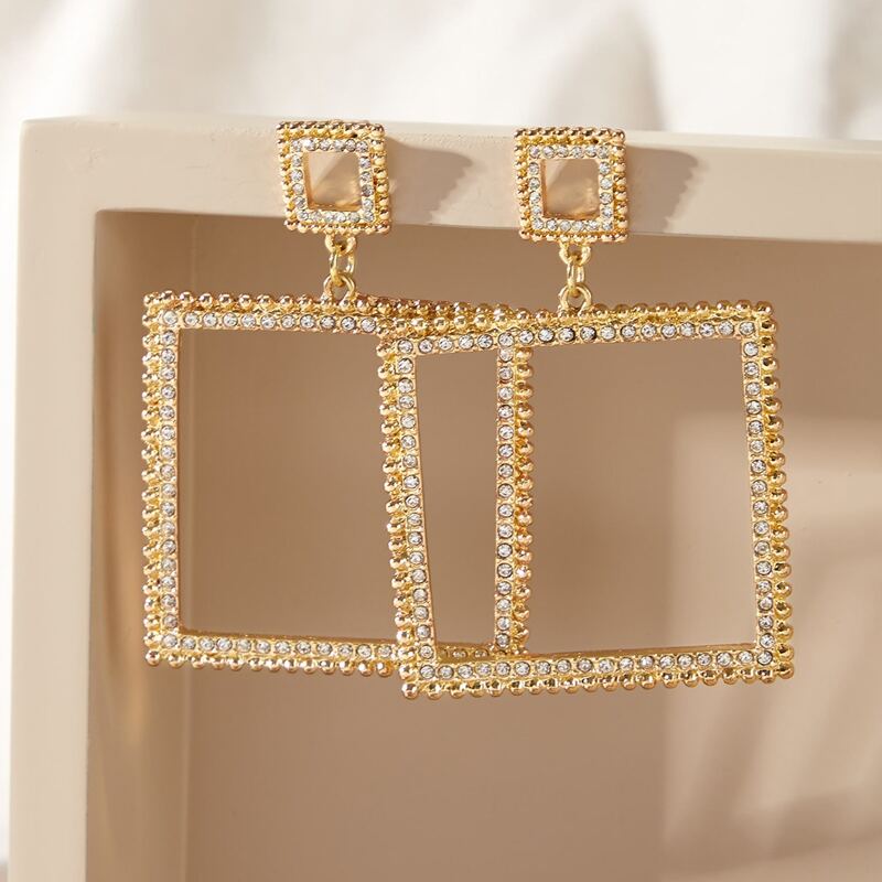

Rhinestone Engraved Geometric Drop Earrings, Gold